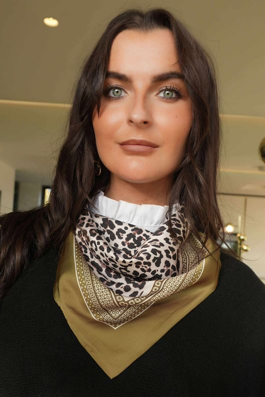 Leopard & Tile Border Triangle Silk Neckerchief Olive